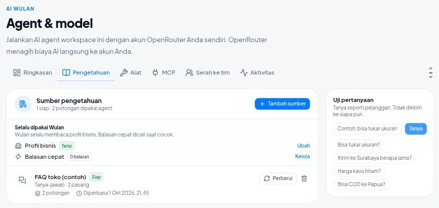 Tab Pengetahuan dengan sumber, Selalu dipakai Wulan, dan Uji pertanyaan
