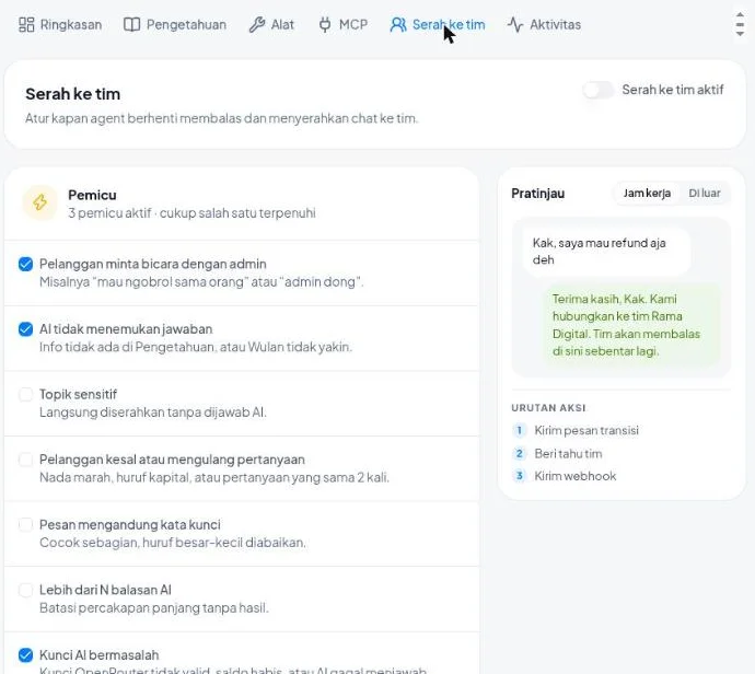 Tab Serah ke tim dengan pilihan pemicu dan pratinjau