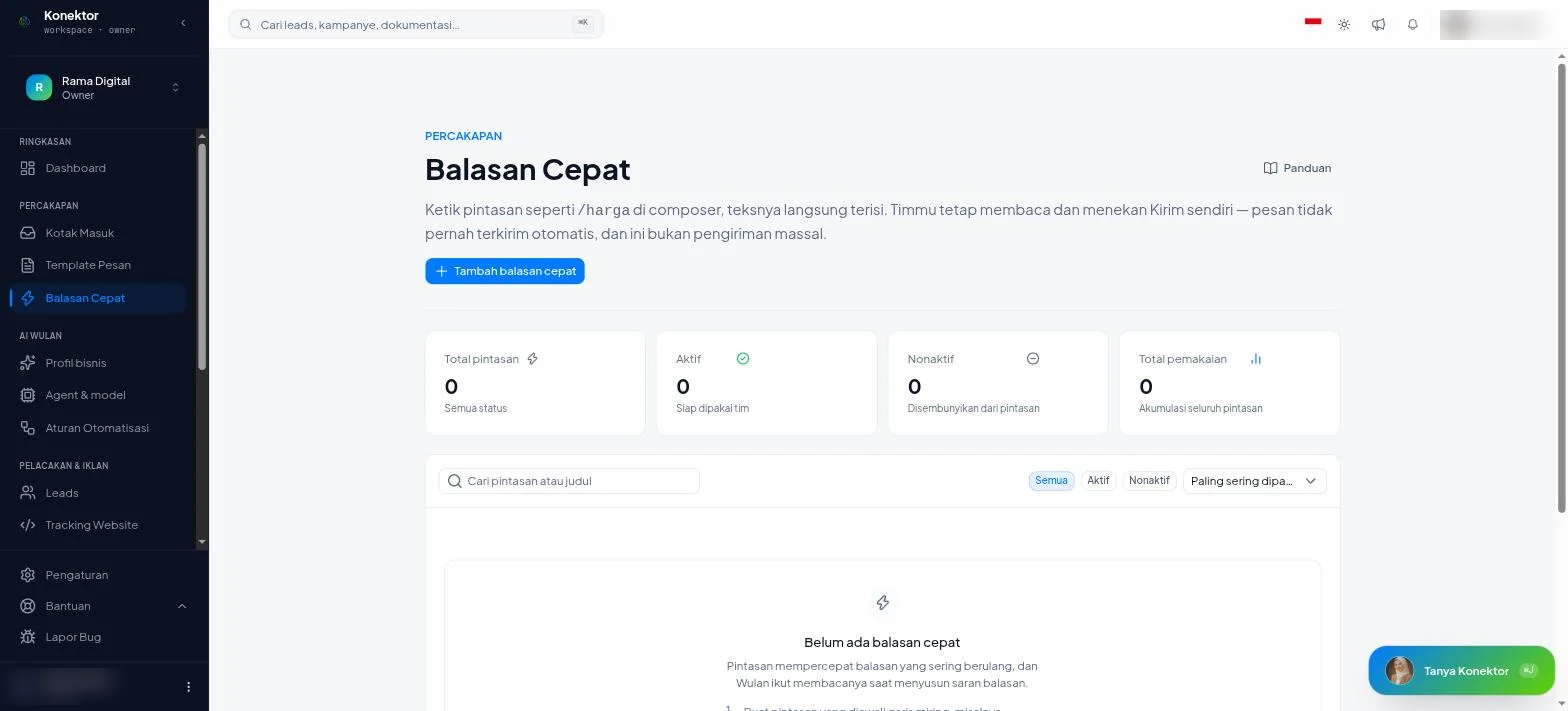 Halaman Balasan Cepat dengan tombol Tambah balasan cepat, ringkasan jumlah pintasan, dan daftar pintasan