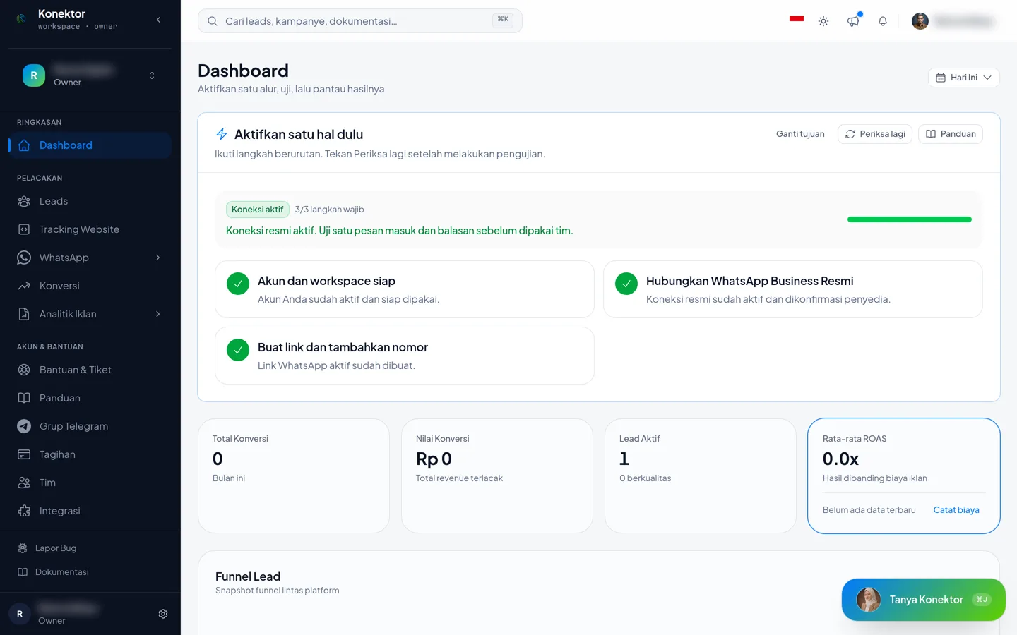 Konektor dashboard showing the Activate one thing first panel, the Check again button, and the Event verified status in the header