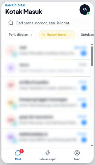 Daftar chat di aplikasi Kotak Masuk dengan filter Perlu dibalas, Hampir lewat, Untuk saya, dan Semua