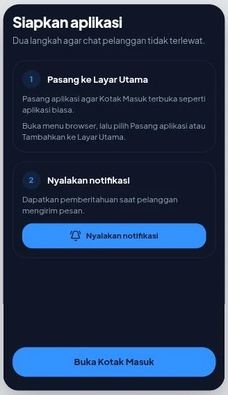 Layar Siapkan aplikasi: pasang ke Layar Utama, lalu nyalakan notifikasi