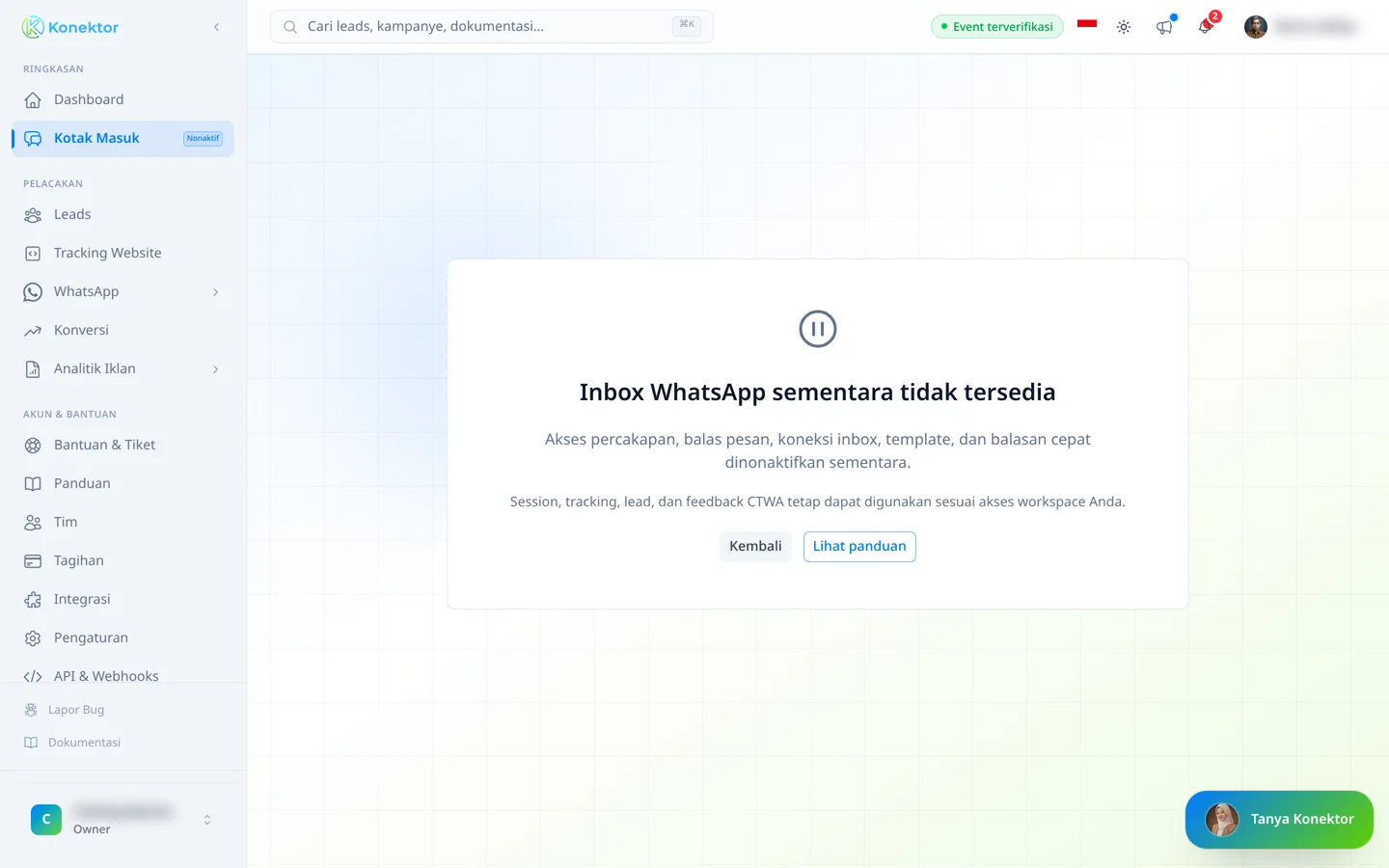 Tautan koneksi WhatsApp Business Resmi membuka halaman Inbox WhatsApp sementara tidak tersedia
