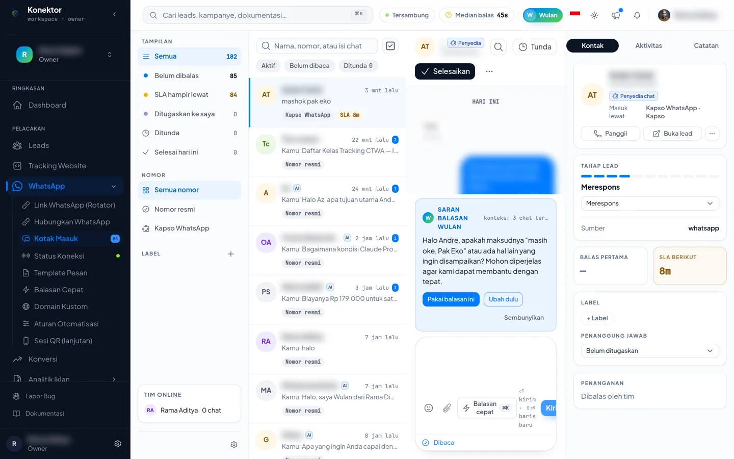 One open conversation with the 24-hour window bar, the message box, and the contact panel holding Lead stage, SLA, Assignee, and Handling; names and message text are blurred
