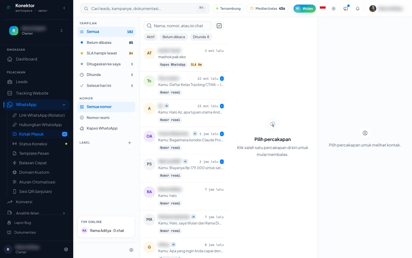 The Konektor Inbox with the views rail on the left, the conversation list, the open conversation, and the contact panel on the right; customer names are blurred