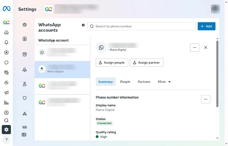 Daftar WhatsApp accounts dengan satu nomor dipilih dan tab Summary terbuka