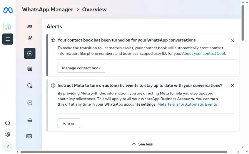 Kartu Alerts di WhatsApp Manager dengan pemberitahuan Instruct Meta to turn on automatic events dan tombol Turn on