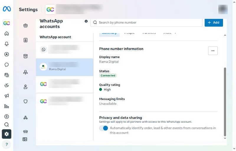 Bagian Privacy and data sharing dengan saklar Automatically identify order, lead & other events from conversations in this account menyala
