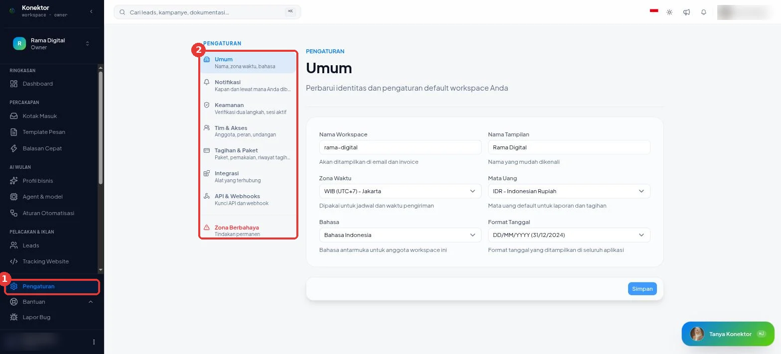 Menu Pengaturan di sidebar dan sub-menu Pengaturan: Umum, Notifikasi, Keamanan, Tim & Akses, Tagihan & Paket, Integrasi, API & Webhooks, Zona Berbahaya