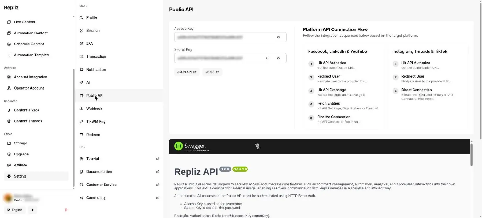 Halaman Setting > Public API di Repliz dengan isian Access Key dan Secret Key; isi keduanya diburamkan