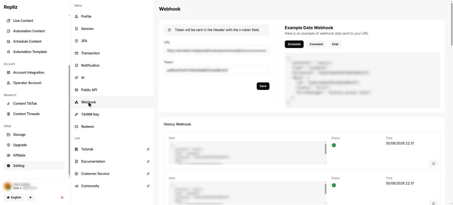 Halaman Setting > Webhook di Repliz dengan isian URL dan Token, tombol Save, dan riwayat webhook; URL dan token diburamkan