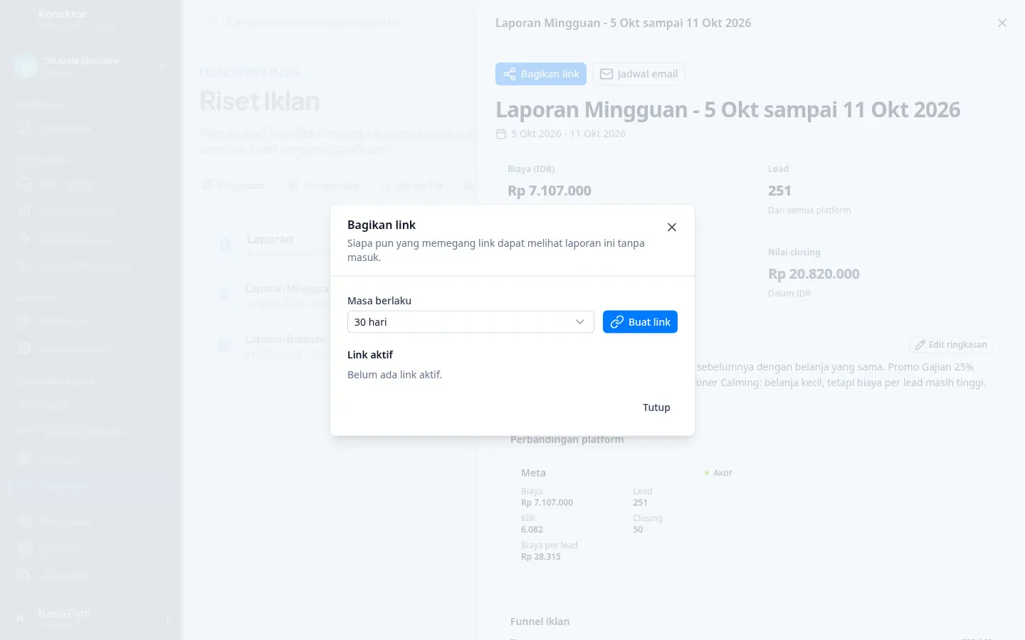 Dialog Bagikan link dengan pilihan masa berlaku dan daftar link aktif