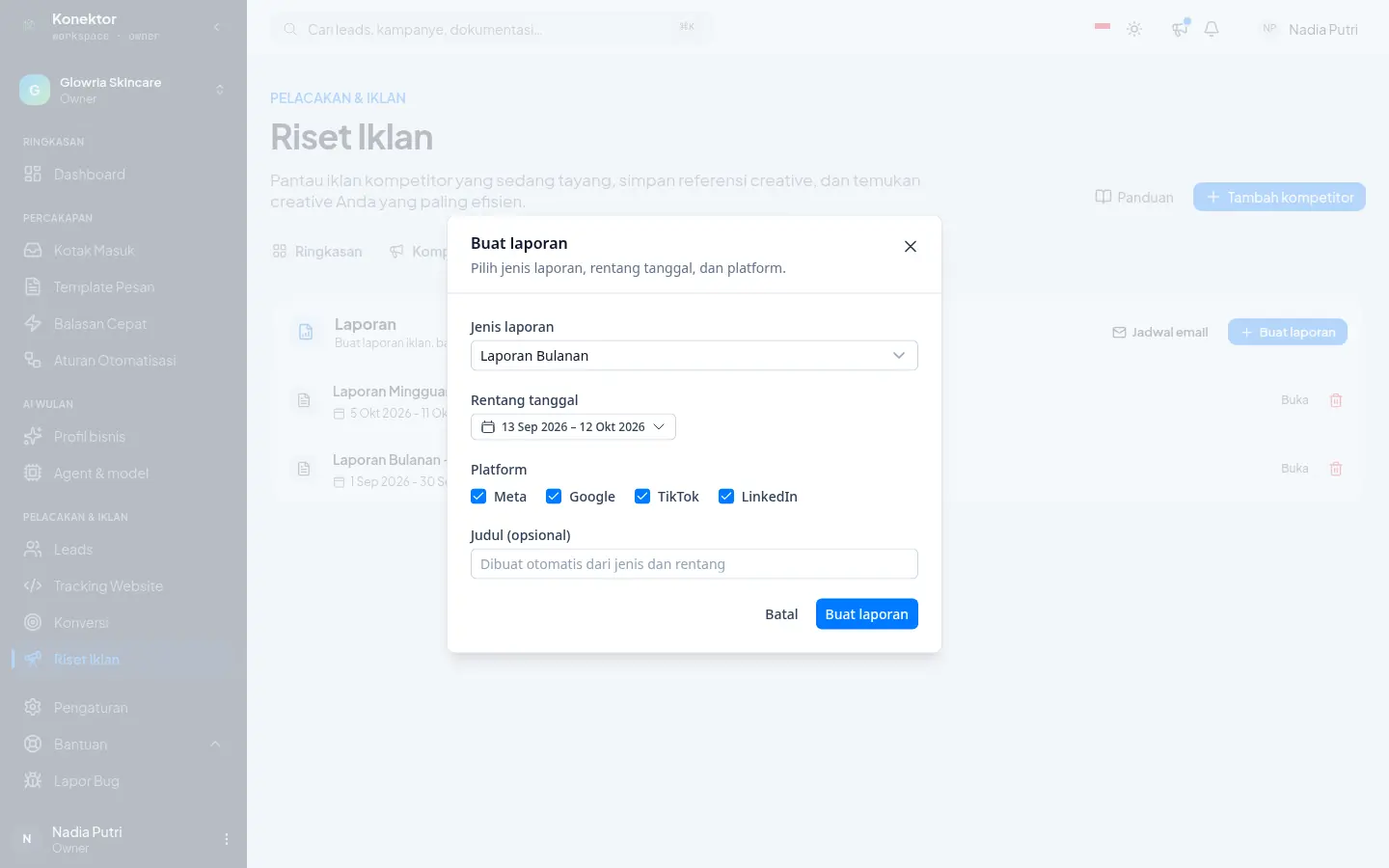 Modal Buat laporan dengan pilihan jenis laporan, rentang tanggal, platform, dan judul