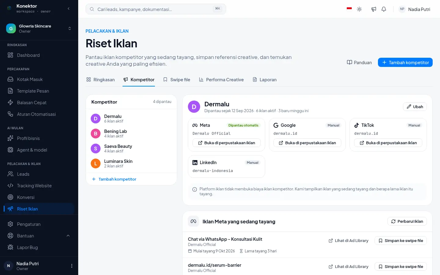 Tab Kompetitor: daftar kompetitor di kiri dan kartu sumber Meta, Google, TikTok, LinkedIn di kanan