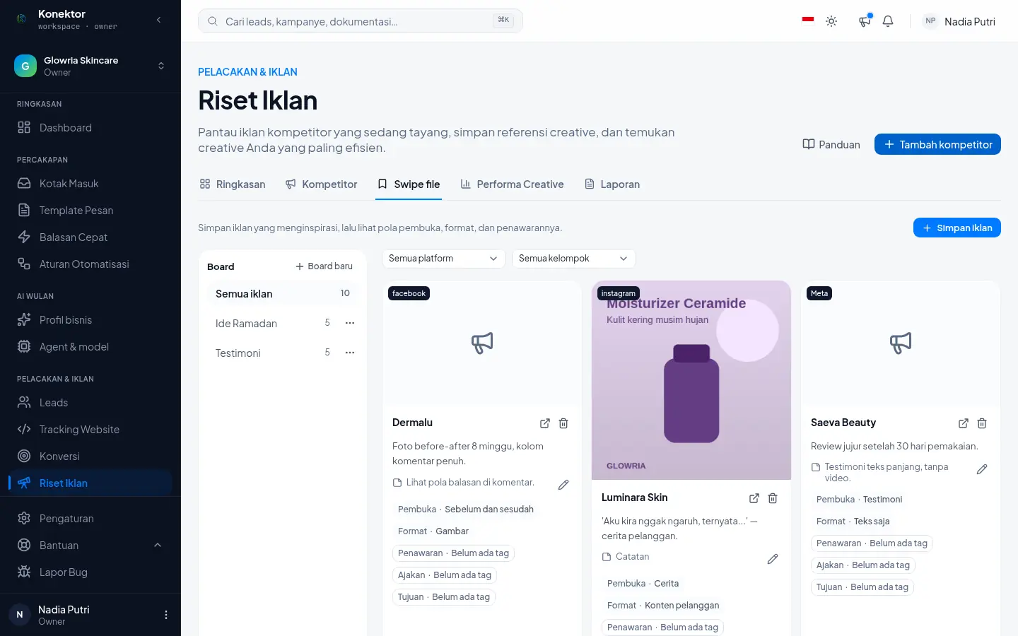 Tab Swipe file dengan daftar board dan kartu iklan berisi tag pembuka, format, penawaran, ajakan, dan tujuan