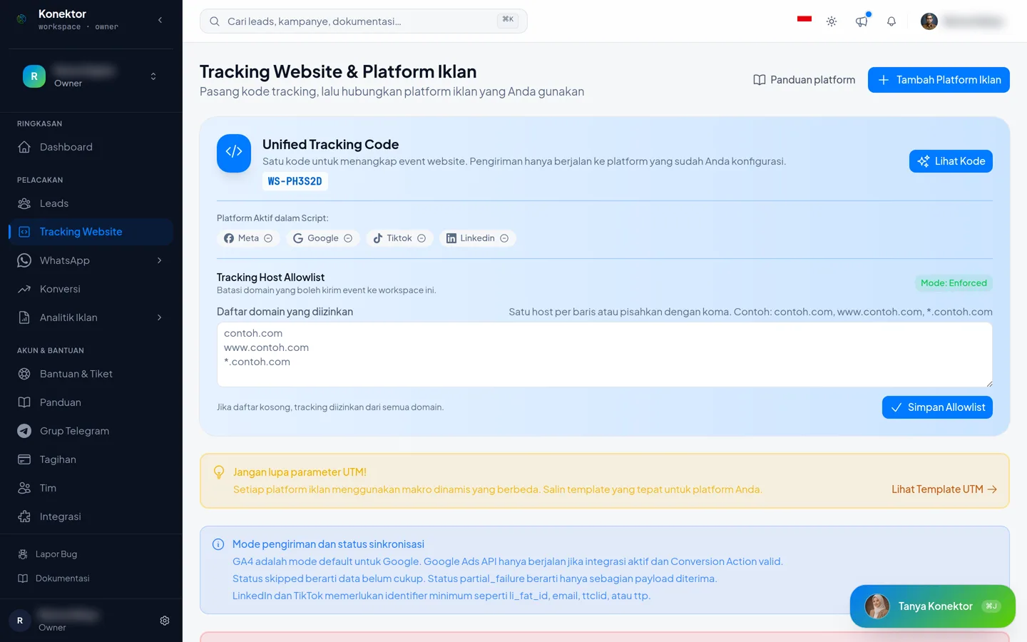 The Website Tracking page with the Unified Tracking Code card and the View Code button