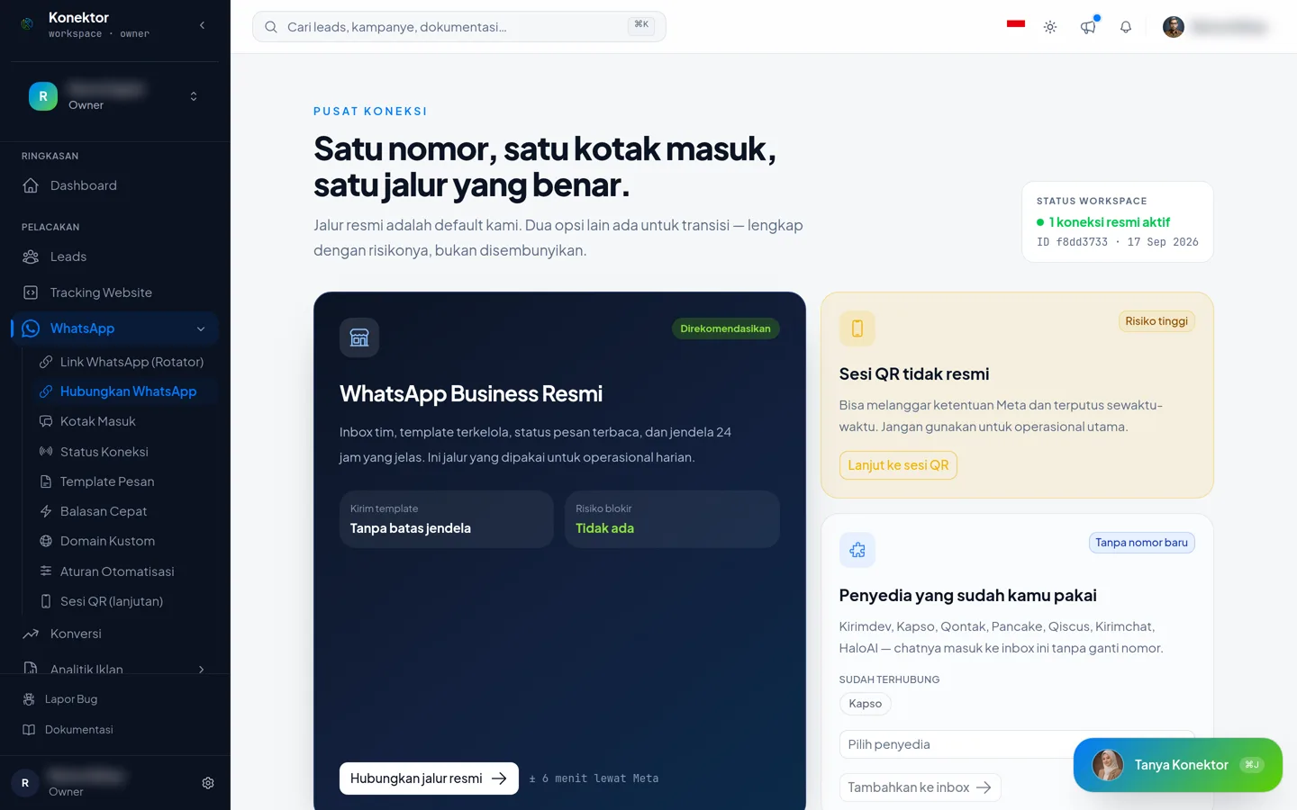 The Konektor Connection Hub with three path cards: Official WhatsApp Business, QR session, and Provider you already use