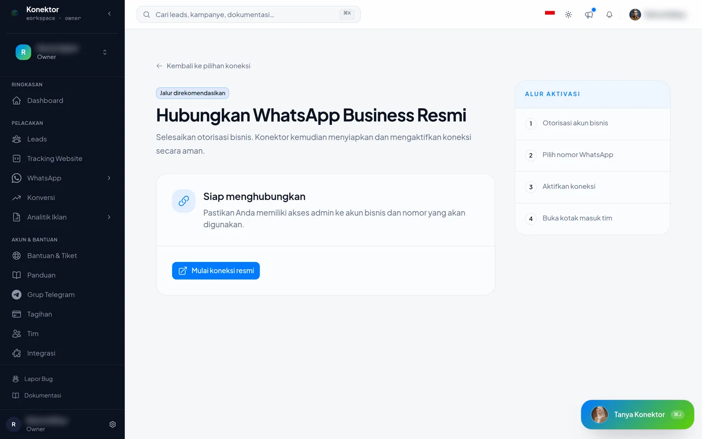 The Connect Official WhatsApp Business page with the start button and the four-step activation list