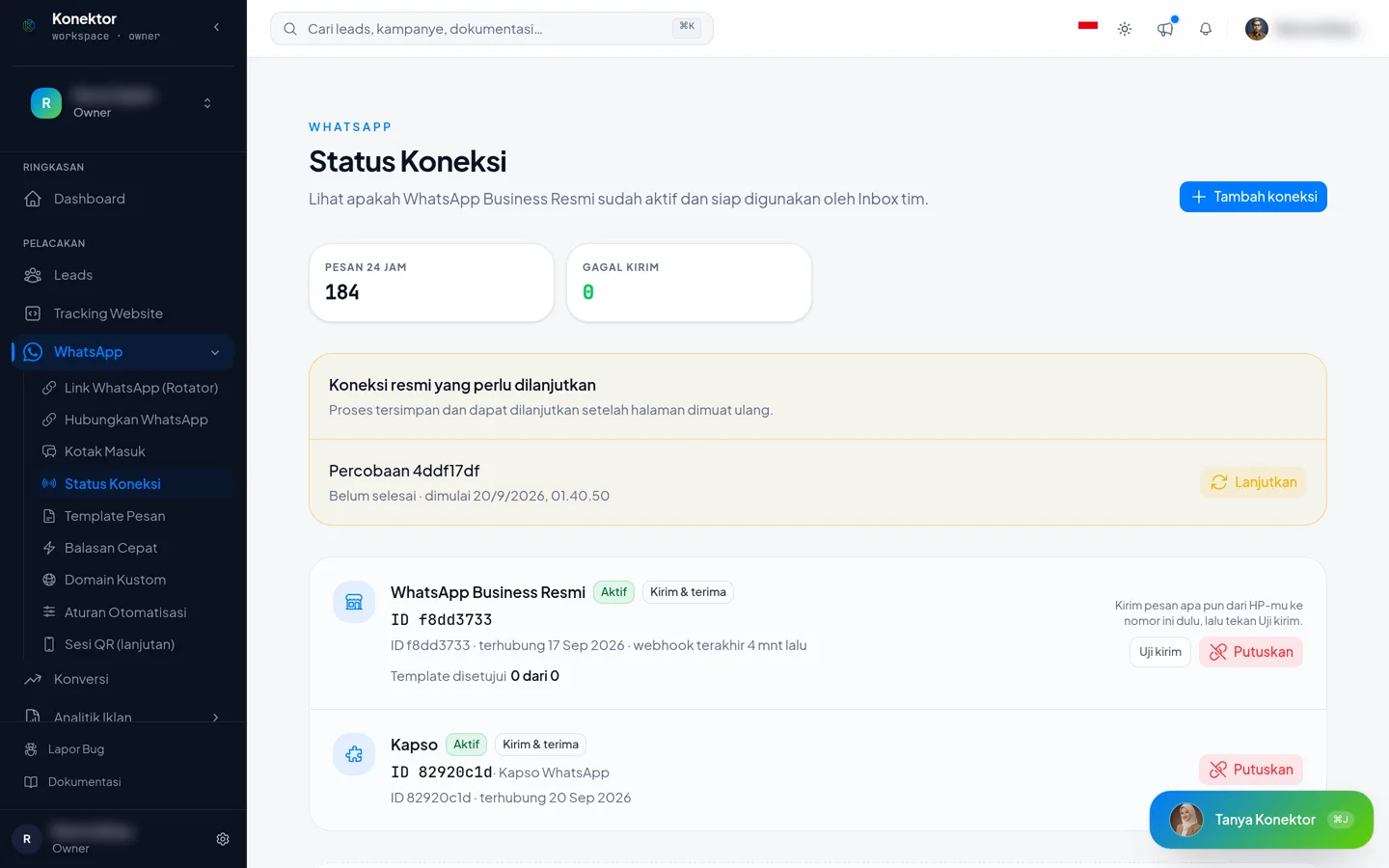 The Connection Status page with an Official WhatsApp Business card marked Active and Send & receive, and one connection left to finish