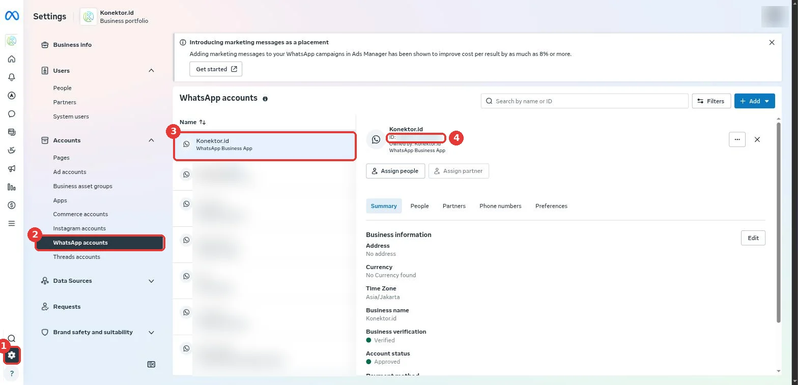 Letak WABA ID di Meta Business Suite: Settings, WhatsApp accounts, pilih akun, lalu salin ID di bawah nama akun