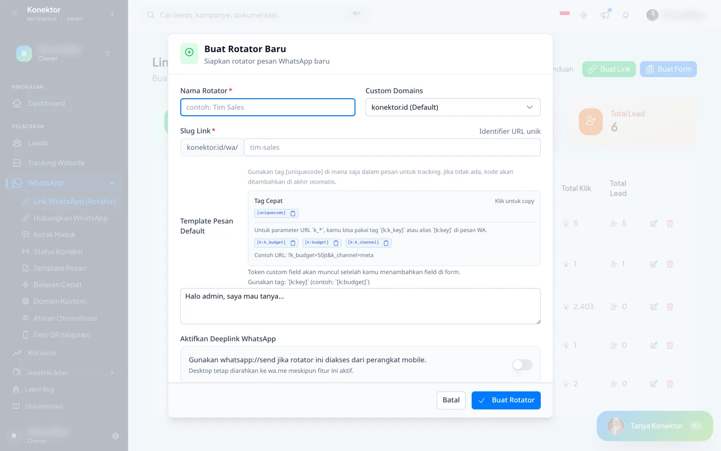 The Create New Rotator form with the Rotator Name and Slug Link fields still empty
